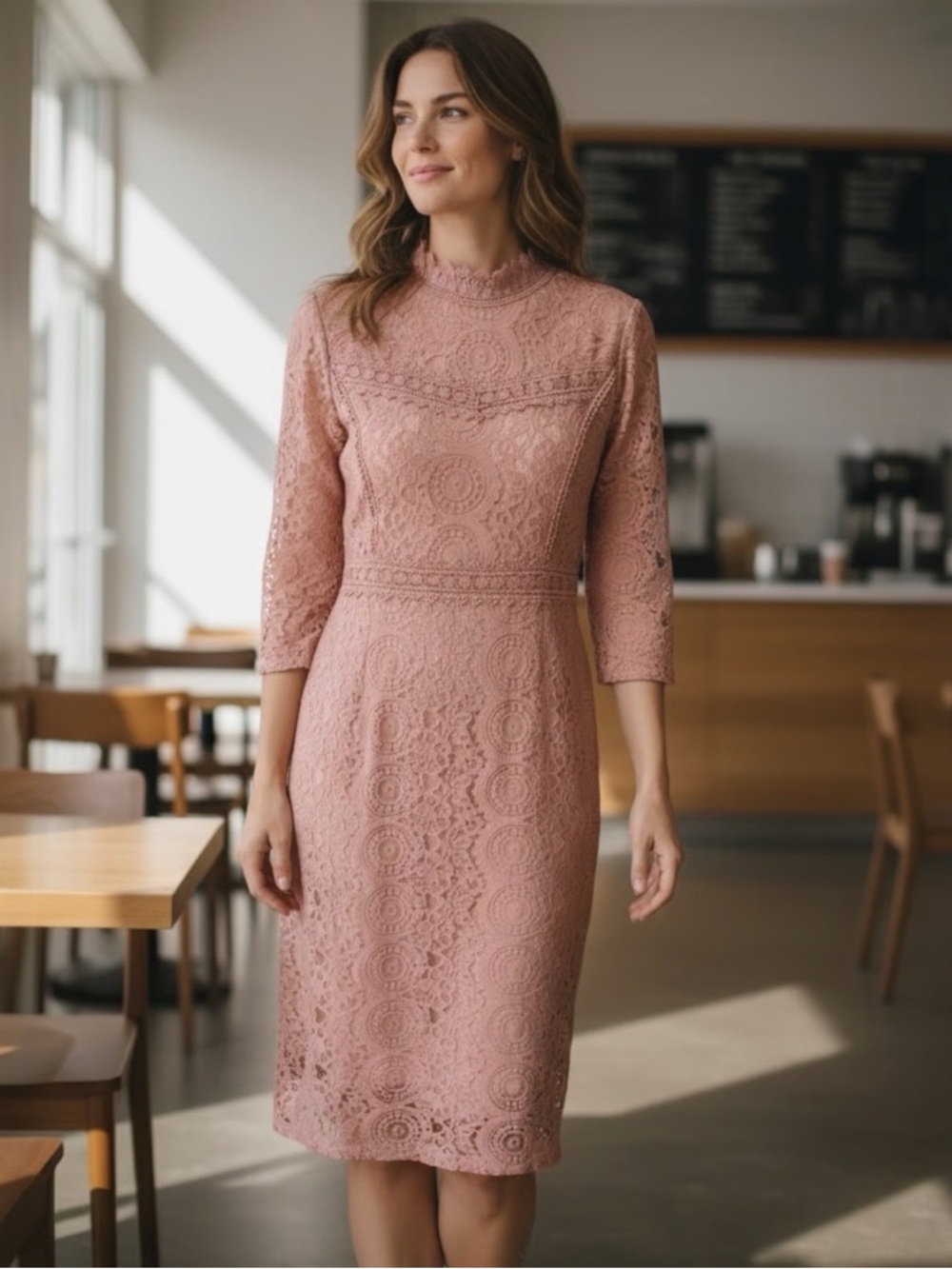 DownEast Mauve Lace Midi Dress - High Neck, 3/4 Sleeves